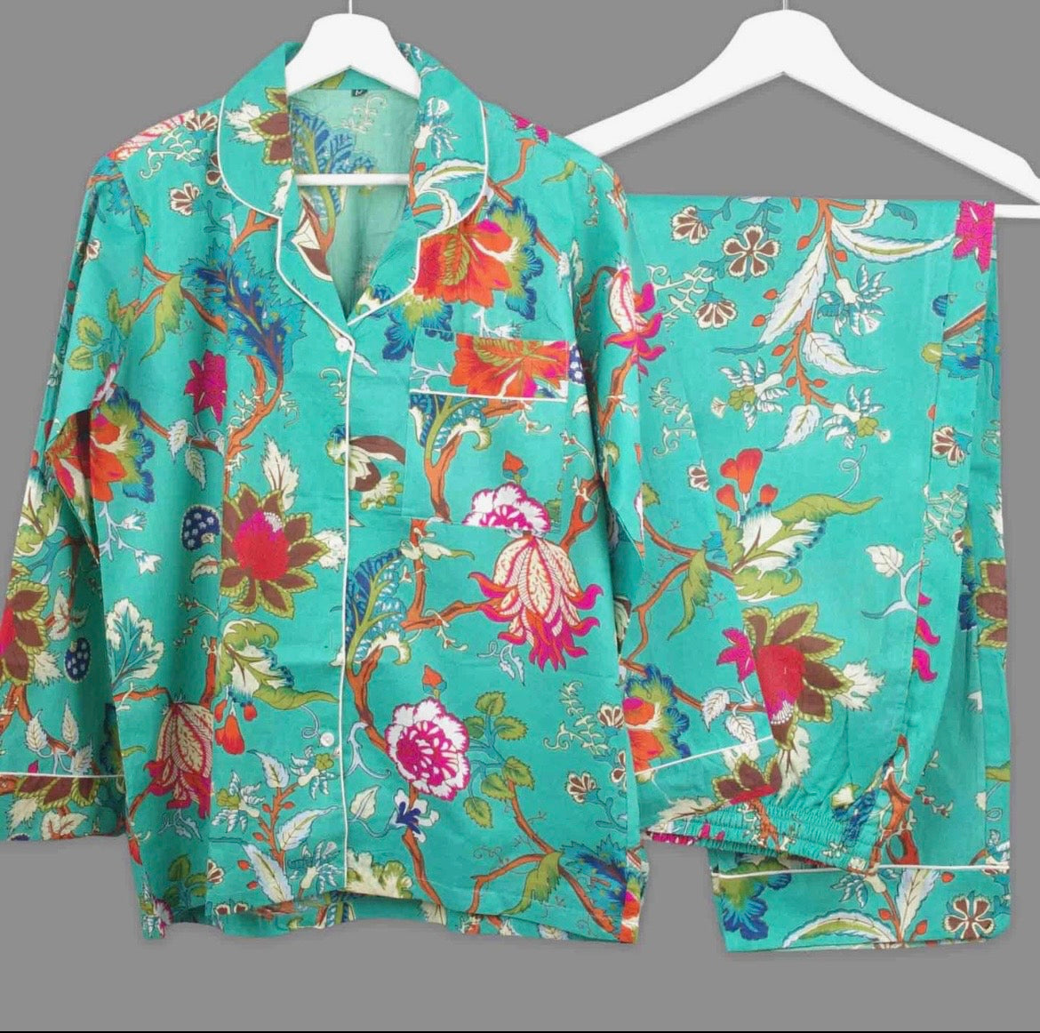 Pyjama vert fleur fuchsia orangé - Taille M