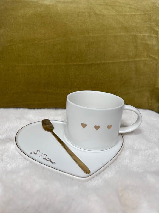 Ensemble tasse, sous-tasse et cuillère dorée - J LINE