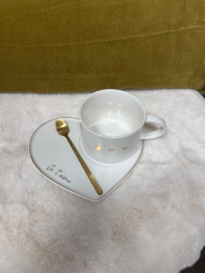 Ensemble tasse, sous-tasse et cuillère dorée - J LINE